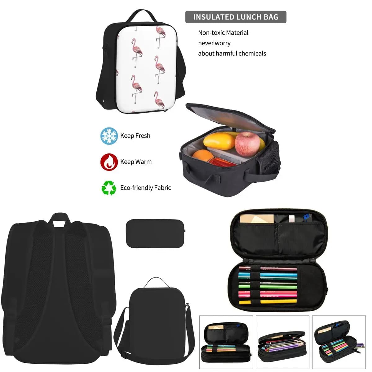 Set di Tre Pezzi: Zaino Rosa con Fenicottero ad Acquerello e Schizzi, Borsa per il Pranzo e Astuccio per Studenti e Bambini