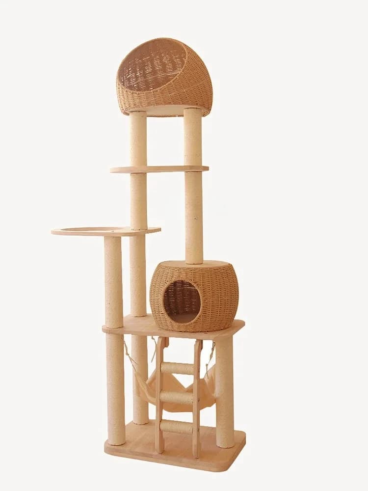 Struttura da arrampicata per gatti in legno massello, grande nido, piattaforma per saltare integrata, griglia in rattan sisal