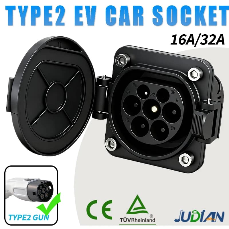 EV Charging Connector Type 2 Male 32A, IEC 62196 EVSE Adapter, 0.5M Cord, EV Charger socket for Electric Cars