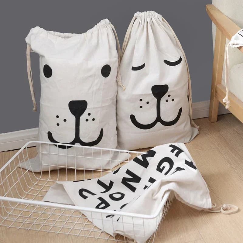 61x45 cm Handbag in cotton and linen Dresses Toys Various Items Print Bag with Drawstring Clothes Clothes Organizer