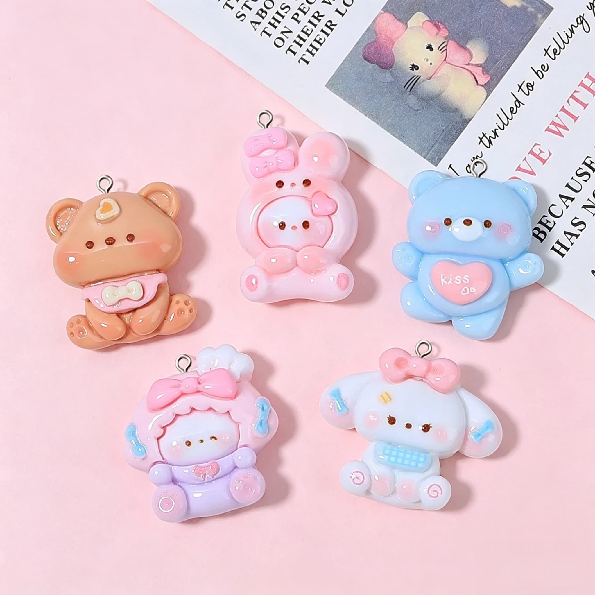 10Pcs Lovely Mixed Animal Charms, Resin Bear Rabbit Pendants for Earrings, Keychain & Crafts
