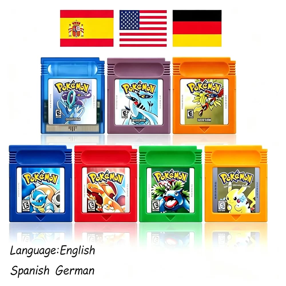 New Pokemon USA NOE ESP Red Blue Crystal Golden Green Silver Yellow GBC Game Card 16 Bit Video Game Cartridge Console Cards For