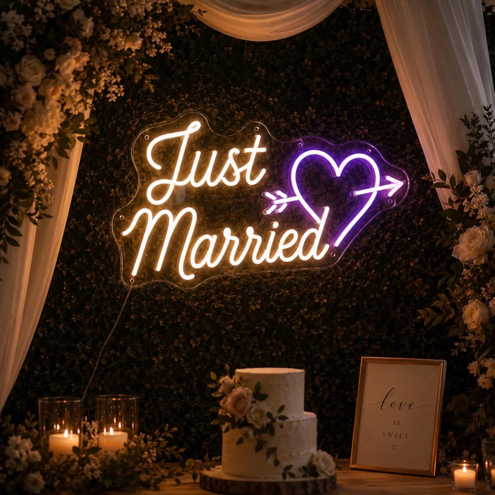 Just Married Neon Sign,Heart Arrow Wedding Decor,Romantic Reception Wall Light,Engagement Party Backdrop Sign,Just Married Sign