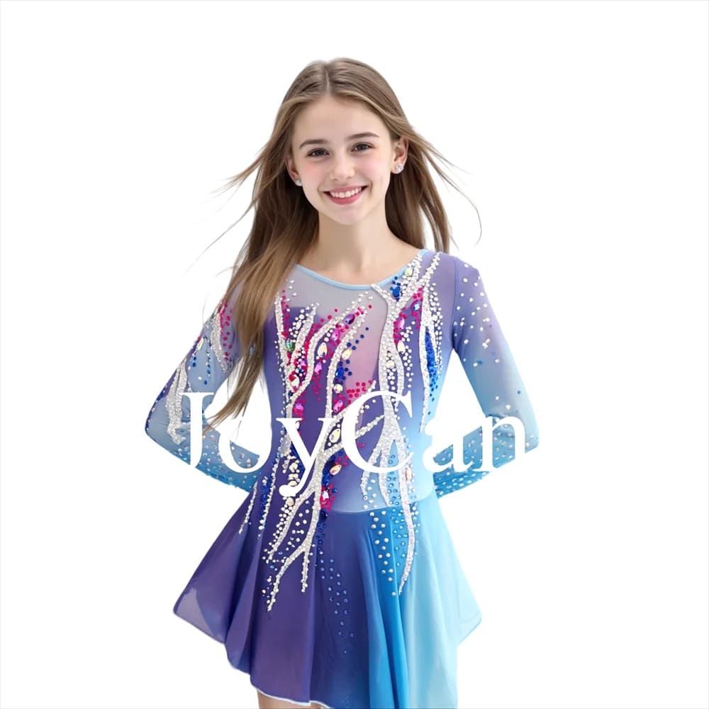 JoyCan Vestito da Pattinaggio di Figura sul Ghiaccio per Ragazze Maniche Lunghe Spandex Maglia da Ballo Performance Wear Costume da Ballo Latino
