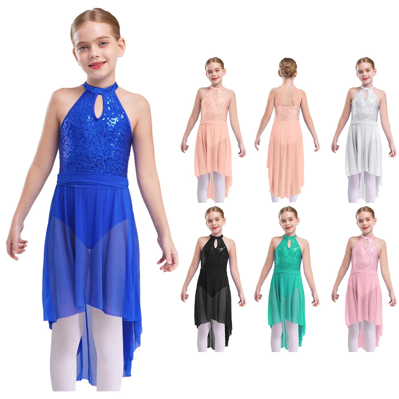 Abbigliamento da ballo per bambini con paillettes lucide decorate con schiena cava per balletto lirico per ragazze, senza maniche, pattinaggio di figura, pattinaggio su ghiaccio