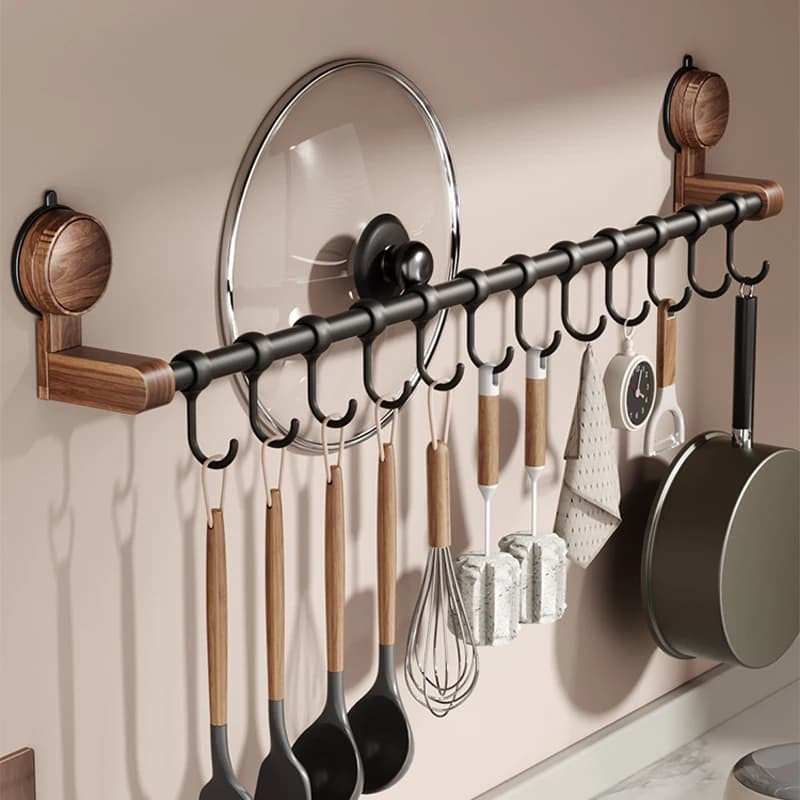 Ganci da cucina con ventosa in noce, portautensili multifunzionale, spatola, cucchiaio, organizer da parete, salvaspazio, portaoggetti per pentole
