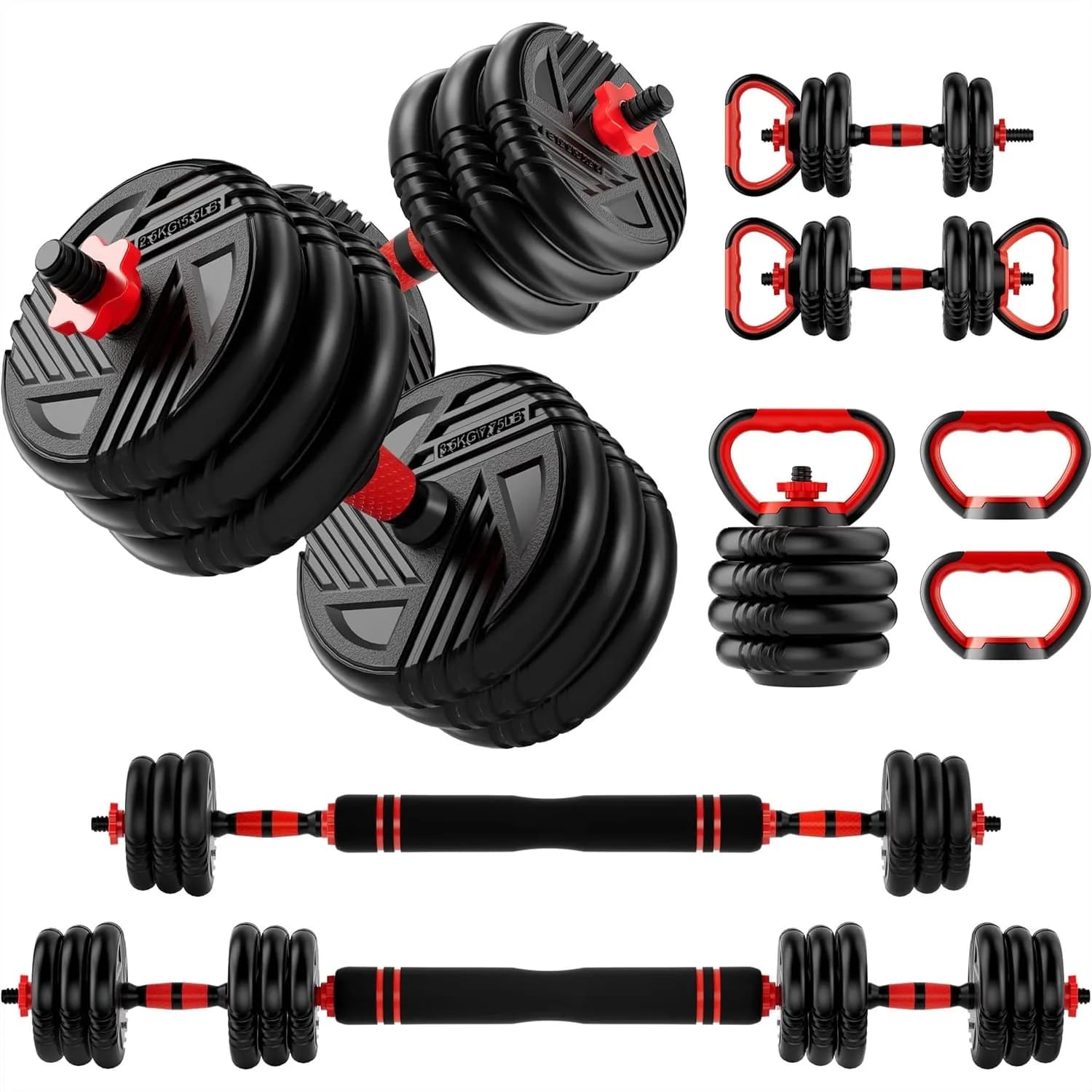 Set di Manubri Regolabili 5-in-1 Convertibile in Bilanciere e Kettlebell, Peso 10-90 libbre per Allenamento a Casa, Uomo/Donna, Potenziamento Forza