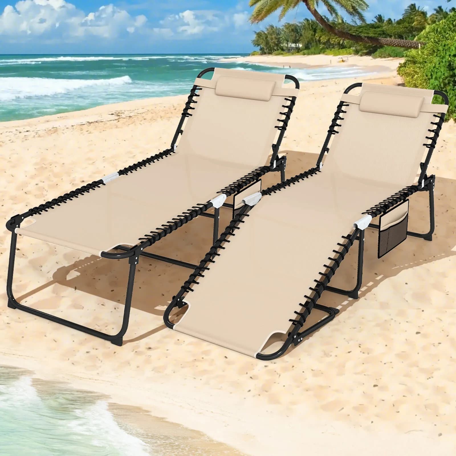 Oversize folding chaise longue with 2 pieces with adjustable back cushion pocket