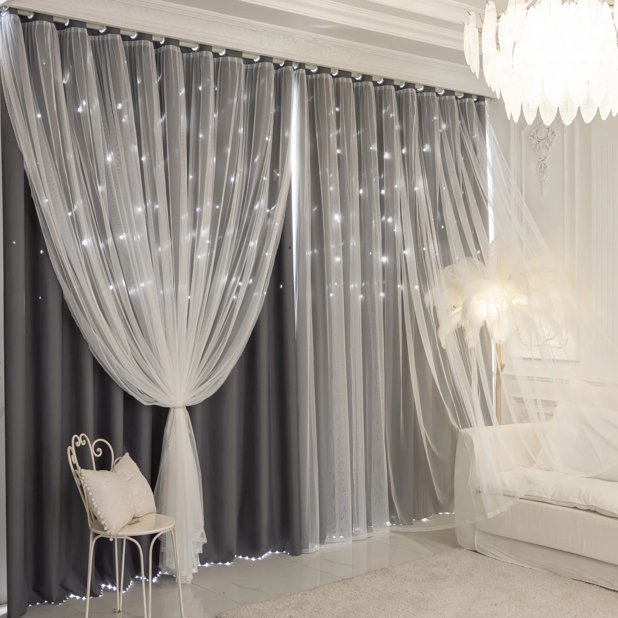 100% Dark Curtains with Star Cutouts, Integrated Transparent Overlay, Thermal Insulation and Privacy Protection for Bedroom and Living Room