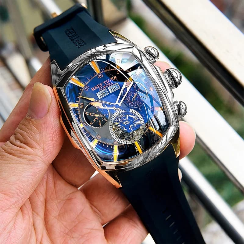 Reef Tiger Orologio automatico con botte di vino in acciaio inossidabile 316L Orologio automatico con tourbillon multifunzione alla moda per uomo RGA3069