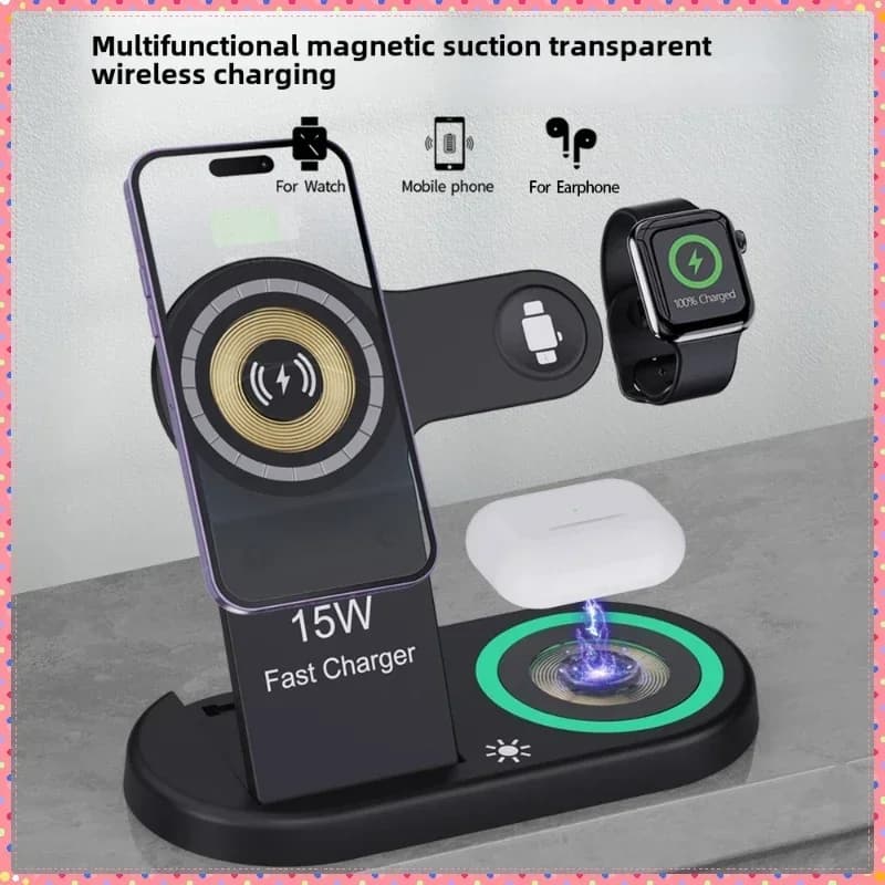 Caricatore wireless rapido da 15W, stazione di ricarica pieghevole 3 in 1 per iPhone 15 14 13 12 11, Apple Watch 9 8 7 6 5, Airpods Pro