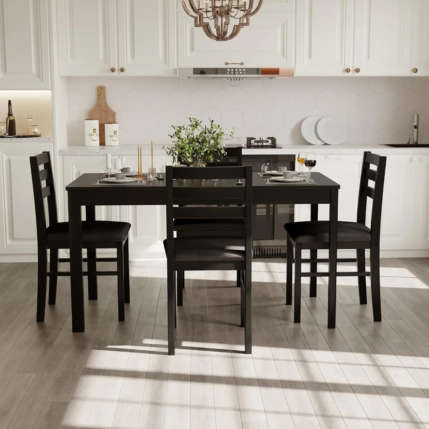 5-Piece Solid Wood Rectangular Dining Table & 4 Cushion Chairs for Kitchen Bar Living Room Nook, Customized