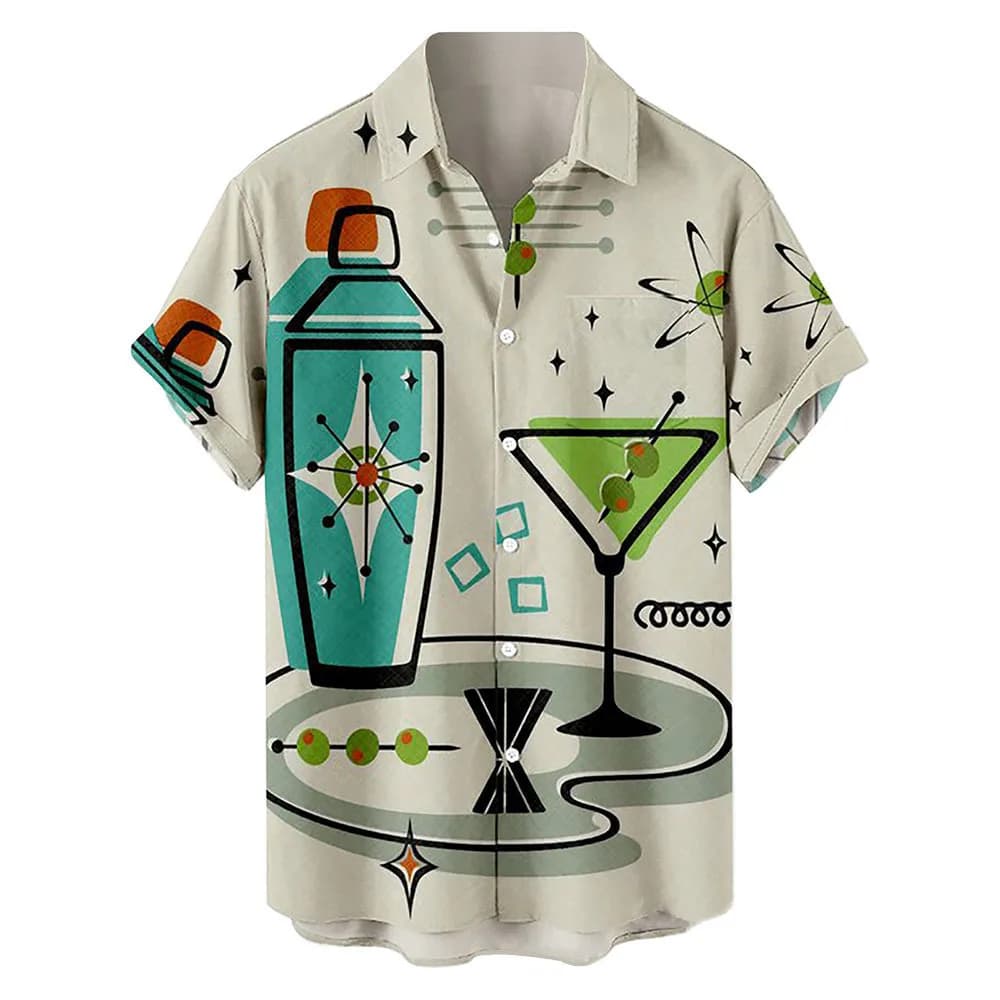 American-style cocktail shaker geometric3Dprint short-sleeved shirt retro martini glass vacation beach shirt summer men's shirt.