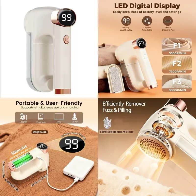 Portable LED Display Electric Lint Remover with Brush Stainless Steel Blade 3-Speed for Sofa Sweater Safe USB Fabric Shaver