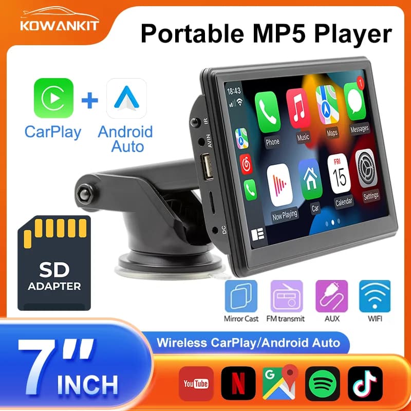 KowanKit Schermo Portatile Wireless da 7 Pollici con Carplay, Lettore Multimediale Video HD, Telecamera Posteriore per Retromarcia, Autoradio Android Auto MP5