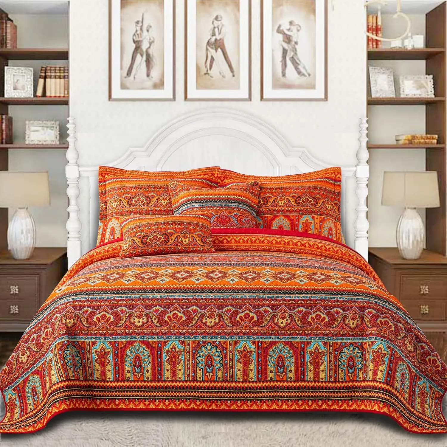 Queen Size Cotton Cover Set - 3 Pieces, Reversible Light Bed Cover for Rustic Style Bedroom in Red/Arancione