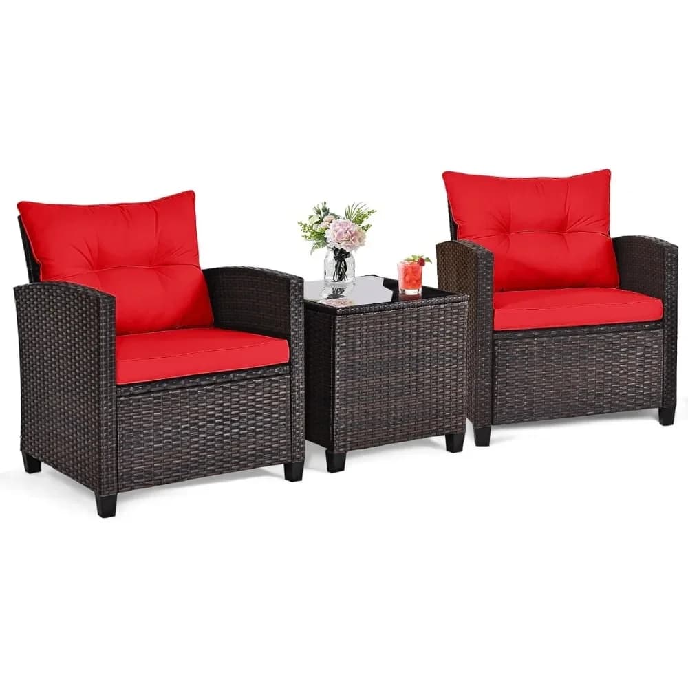 Set of terrace furniture in 3 pieces, outdoor conversation set in wicker, rattan chair with pillow, glass table, small bar