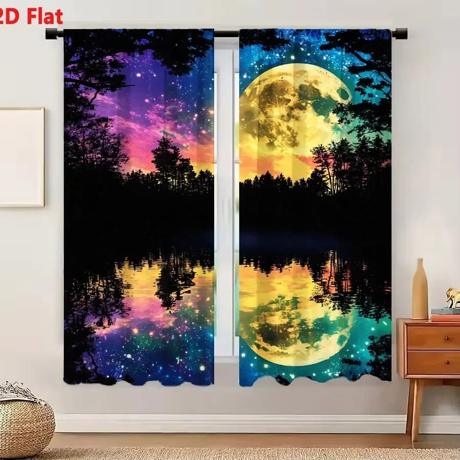 2Pcs Curtains 2D Flat Surreal Night Landscape With Full Moon And Starry Reflection Window Drapes for Bedroom Room Decor Decorati