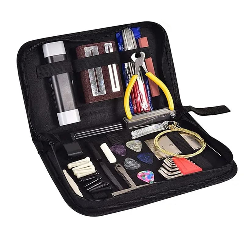 Set di strumenti per chitarra HOES-1 con borsa per il trasporto, strumenti di riparazione, righello per l'azione delle corde, lima da liutaio, perni per ponte di chitarra e ukulele