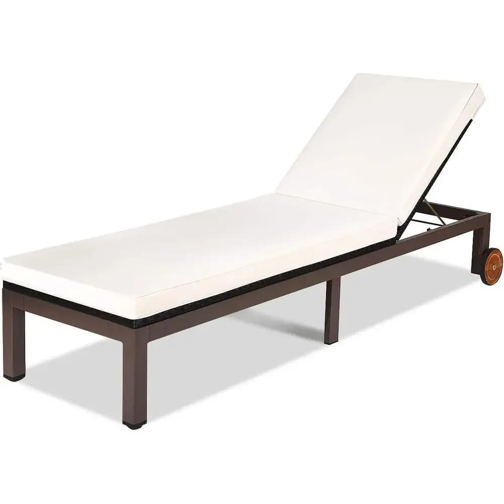 Outdoor Adjustable Rattan Chaise Lounge Chair with Cushion and Wheels for Patio, Garden, and Poolside