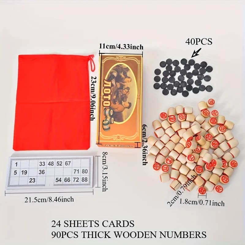 24sheets paperboard cards+90pcs double-sided drum shapes BINGO NUMBERS 1-90 +40pcs black round chess pieces GIFT BOX SET PARTY