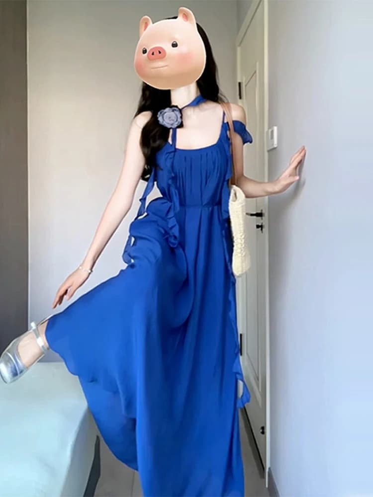 Early Autumn Blue Strap Dr Women's Summer Ele High-End Feeling Beach Vaion Long Skirt Sweet Japanese Sle Loose Waist