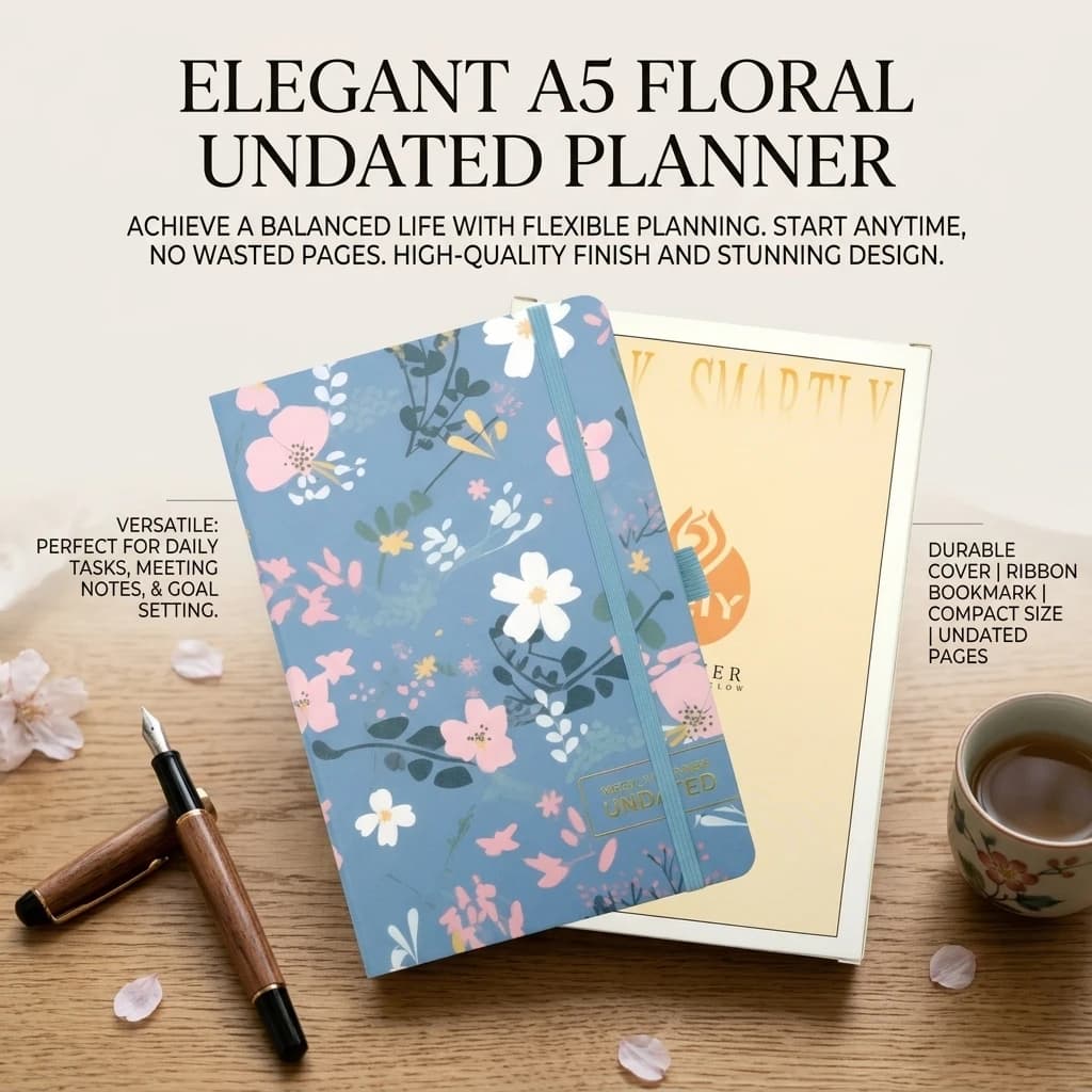 Agenda con copertina rigida non datata A5 con copertina floreale a farfalla e scatola per carte da gioco, agenda giornaliera e settimanale per studenti