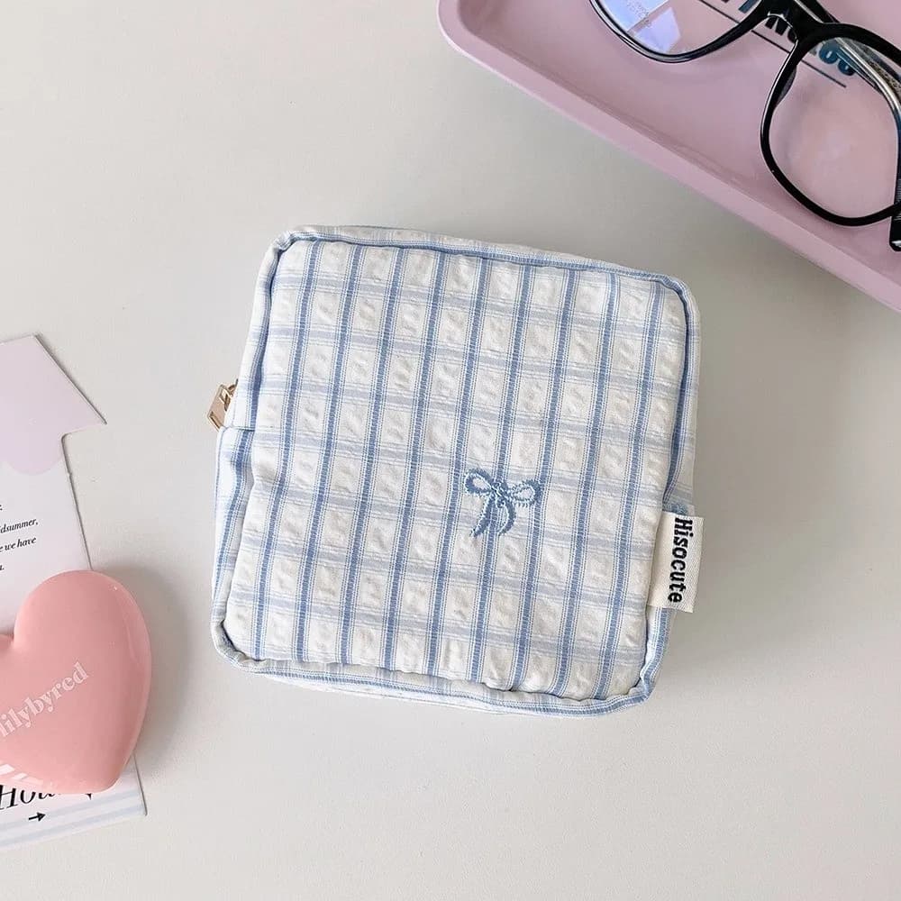 Cute Striped Mini Cosmetic Bag Embroidery Bow Knot Large Capacity Toiletry Organizer Zipper Multipurpose Makeup Pouch