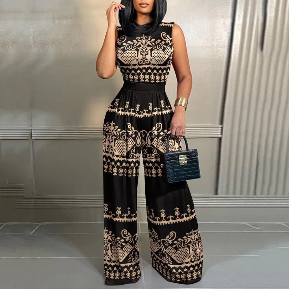 Tuta lunga da donna elegante a gamba larga 2024 Primavera Estate Moda stampata senza maniche Casual Tute da vacanza Tute Pantaloni