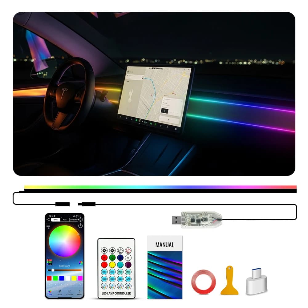 110cm APP Remote Control Led Car Ambient light RGB Interior Symphony Atmosphere Lamp Acrylic Strip Dashboard Decoration Sunroof