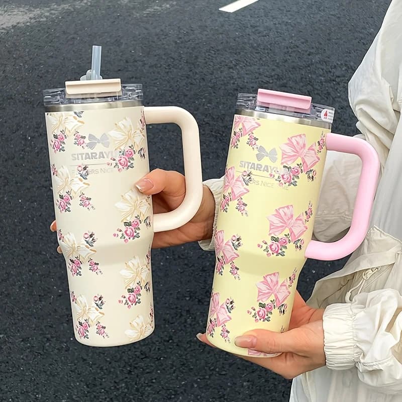 Bicchiere sottovuoto in acciaio inossidabile con stampa floreale da 1 pezzo da 900 ml con cannuccia, tazza di ritenzione del freddo ghiacciato, regalo di compleanno per le donne