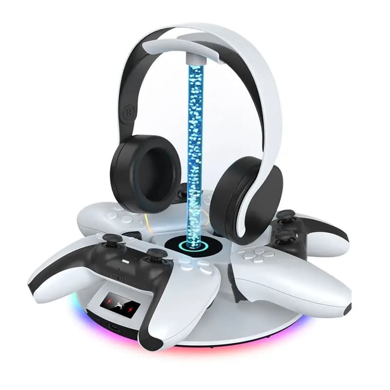ABZZ-3-In-1 Charging Dock For PS5 Wireless Controller Fast Charging Dock RGB Ambient Lighting Headphone Storage Stand