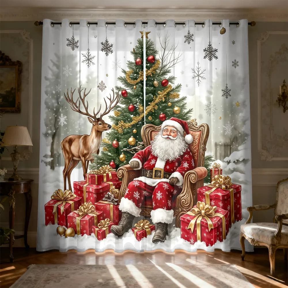 2pcs Merry Christmas Santa Claus Print Window Curtain 90GSM Light Filtering Sports Theme Drapes for Bedroom Living Room