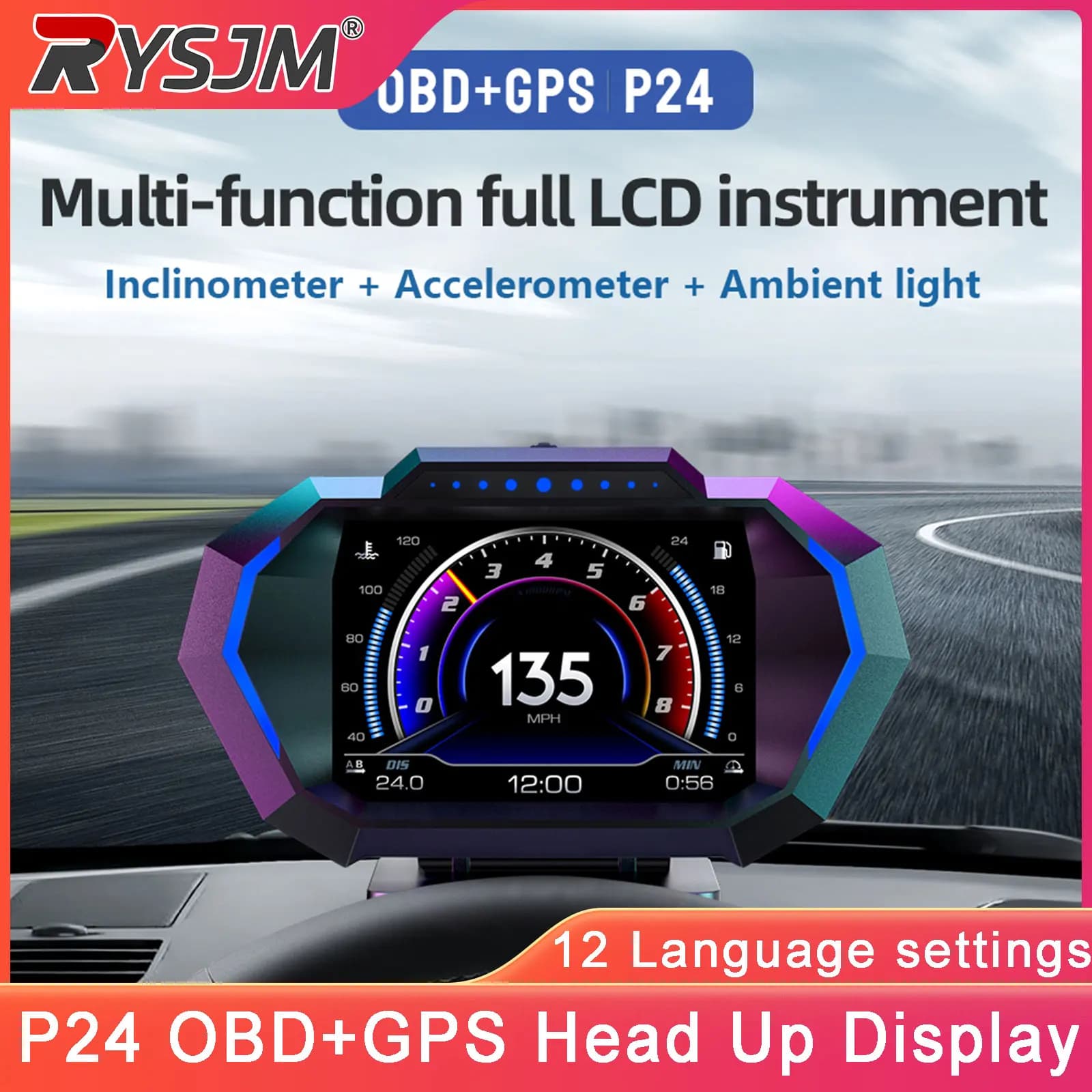 Display Head-Up P24 per Auto con OBD+GPS, Sistema Duale, Misuratore Digitale Intelligente, Tachimetro, Misuratore di Inclinazione, Accelerometro, Visualizzazione Velocità