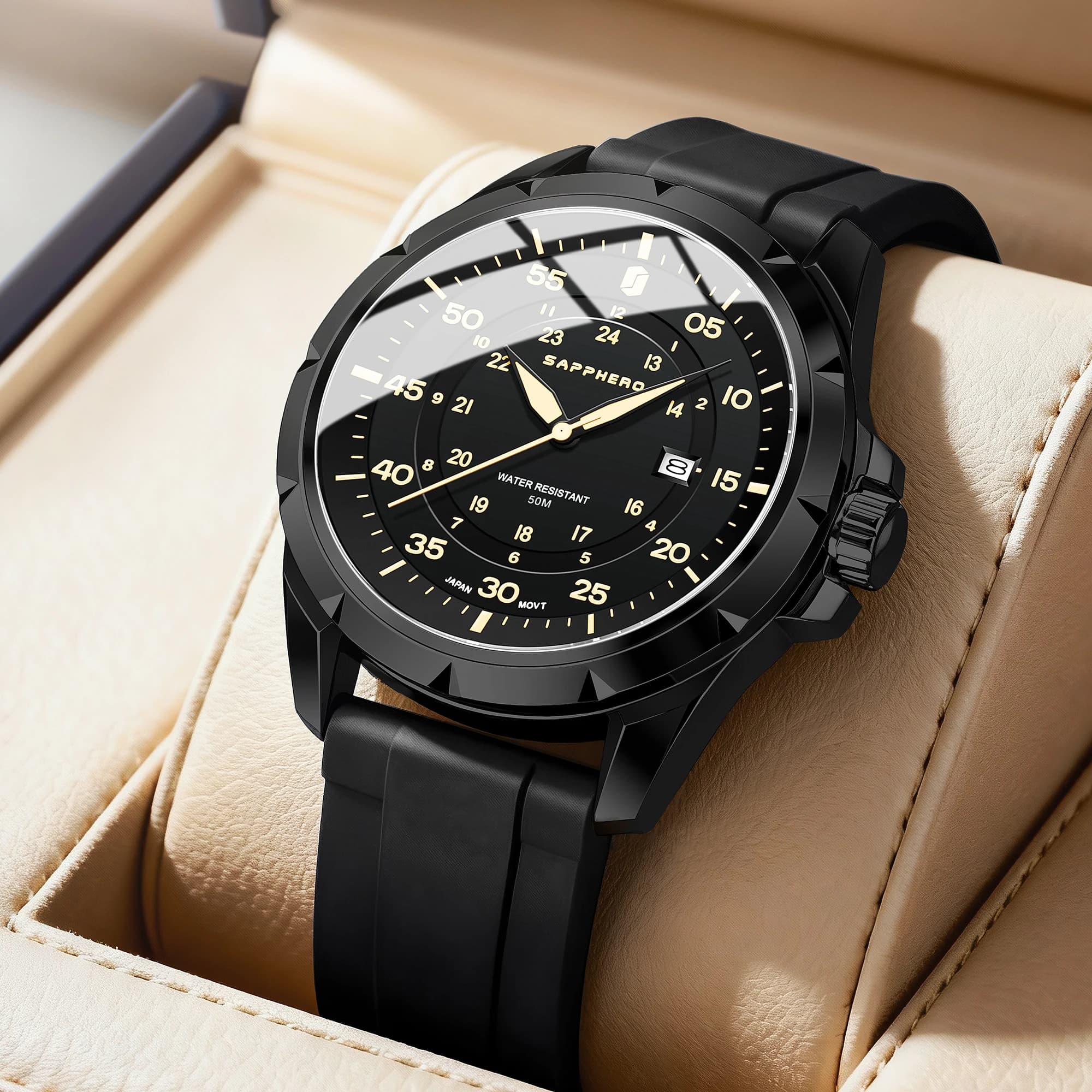 SAPPHERO Orologio da uomo Orologio al quarzo di lusso 50M Impermeabile Movimento importato Orologio da polso da uomo in acciaio inossidabile