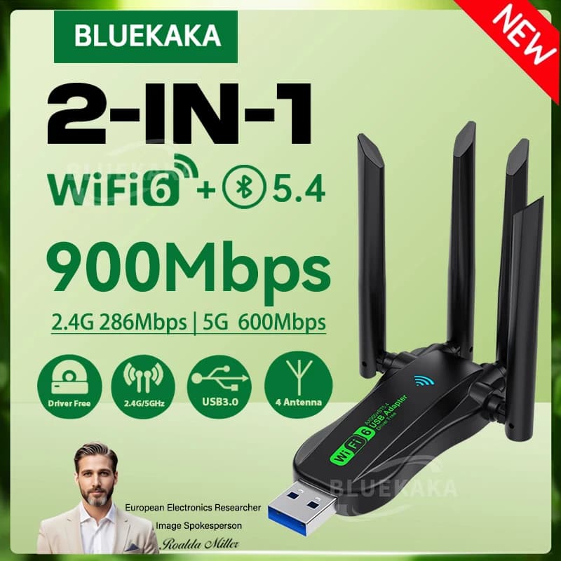 Nuova scheda di rete WiFi6 2 in 1, 2,4 GHz e 5 GHz, Bluetooth 5.4, dongle Wi-Fi AX900 Mbps, ricevitore di rete wireless USB3.0, antenne, driver gratuiti per PC, laptop, Win10/11