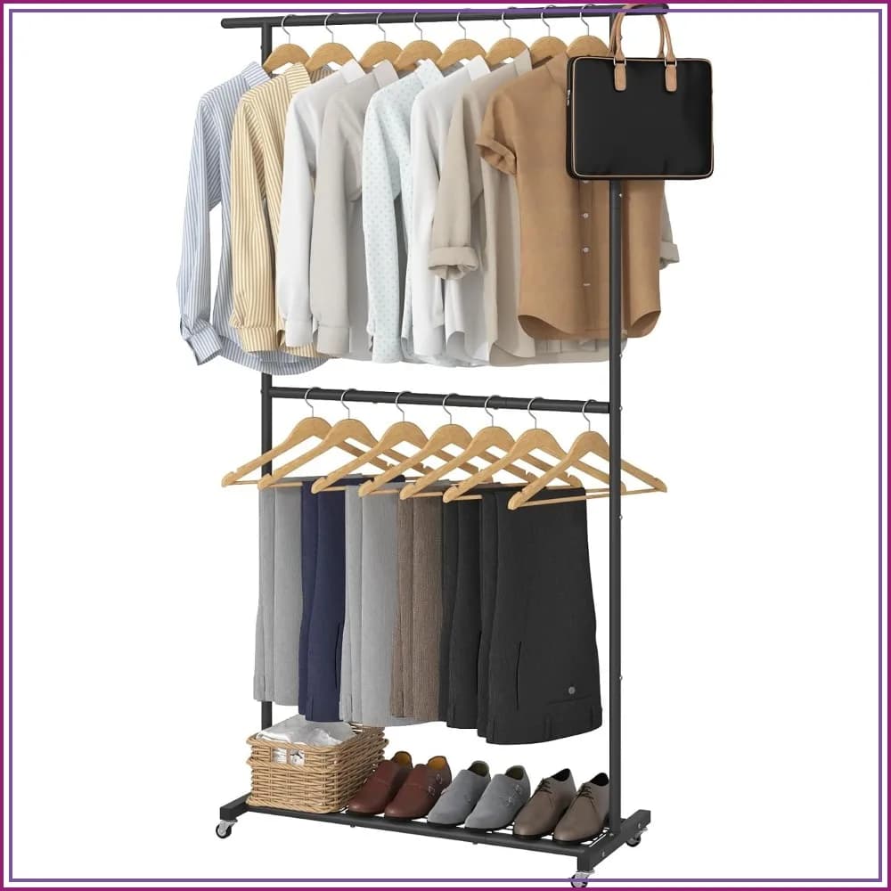 Double Rod Clothing Rack with Bottom Mesh Shelf, Rolling Coat Hanger for Hanging Clothes Coats Skirts Sweaters, Black