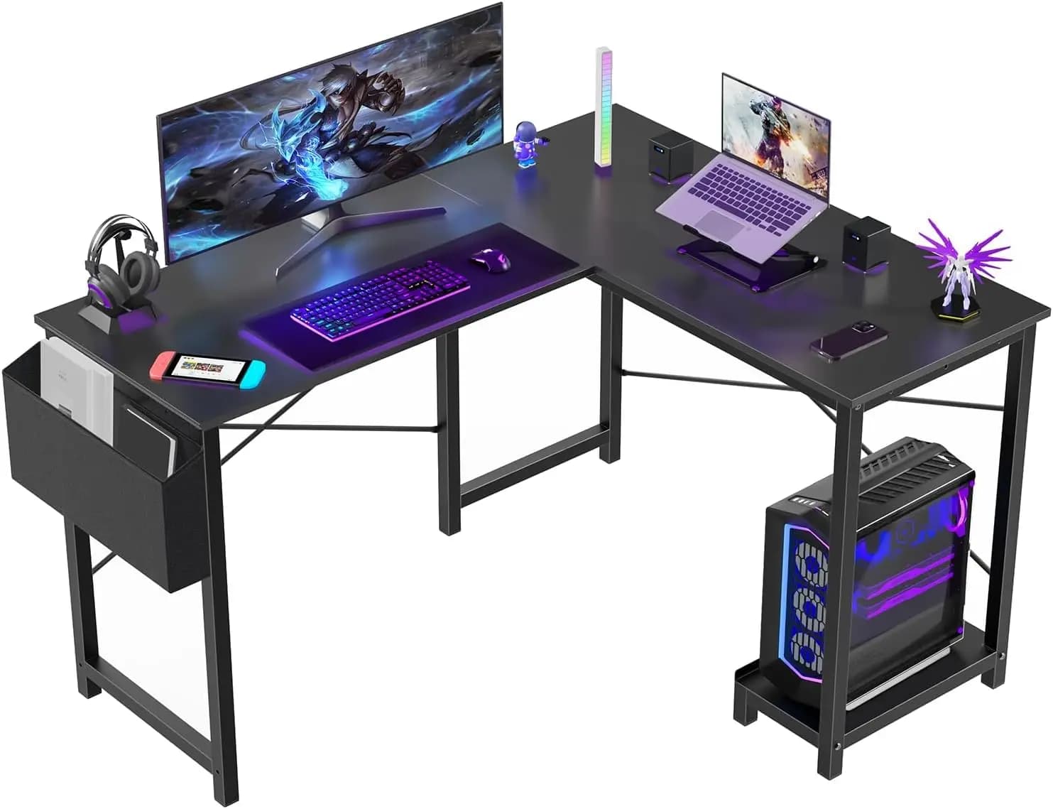 Scrivania da gioco a forma di L con supporto per CPU e borsa laterale, nera, 50 pollici per ufficio domestico o dormitorio