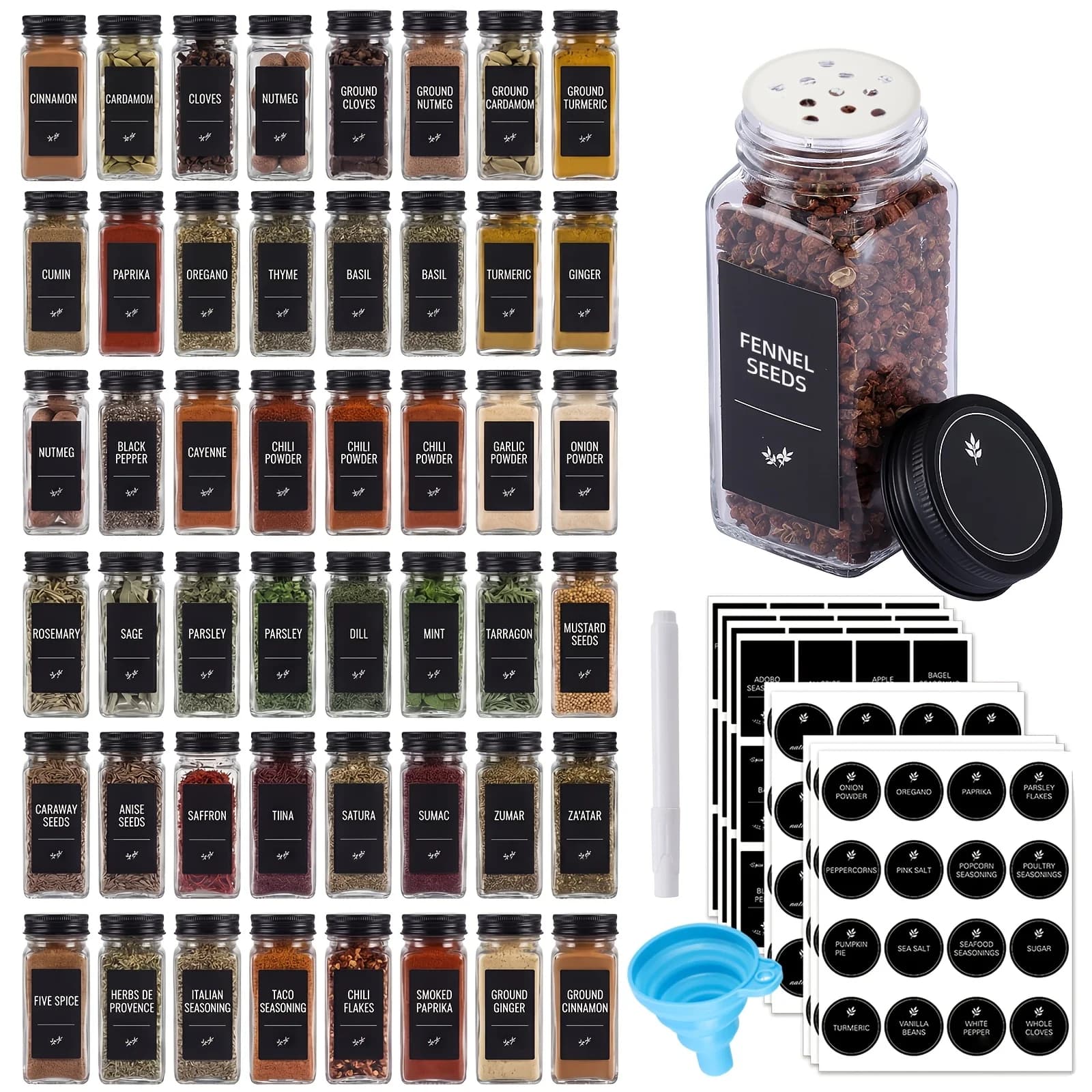 TOMNK Set di 48 Barattoli Quadrati in Vetro per Spezie, Contenitori Ermetici da 4oz con Coperchi in Alluminio, Set Organizzatore per Cucina con Coperchi Pieghevoli in Silicone