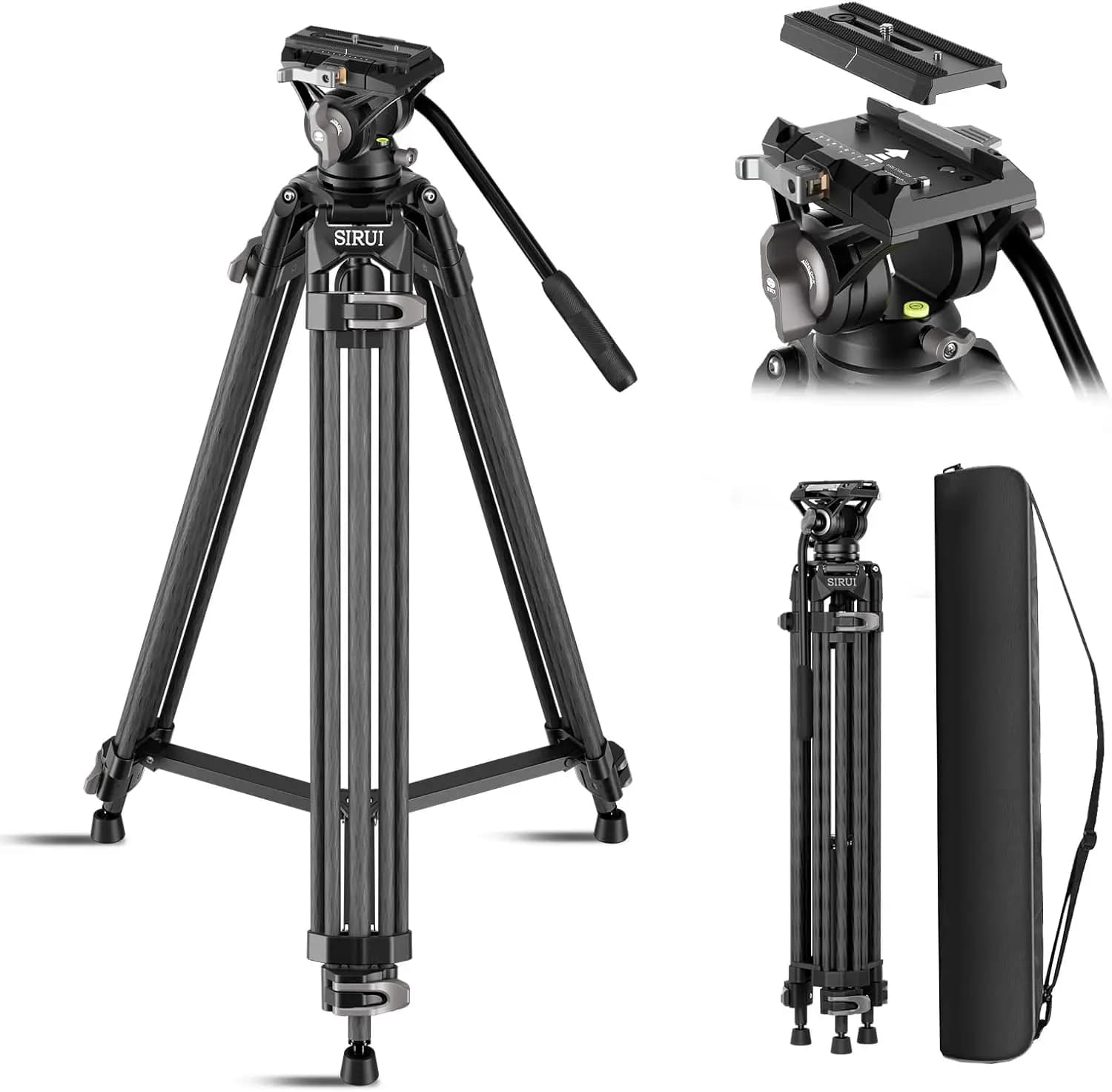 SIRUI AVT-12 Quick Release Carbon Fiber Video Tripod with Fluid Head Max Load 33lbs / 15kg