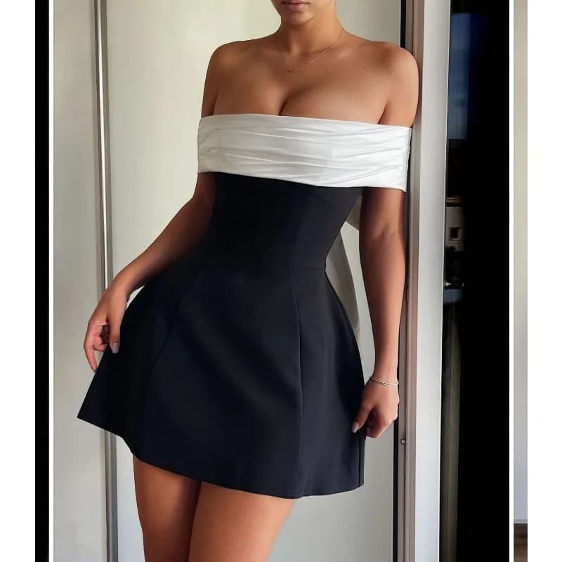 Abito monospalla nero e bianco a contrasto con fiocco, design a pendolo, squisito, semplice e casual, per il commercio transfrontaliero