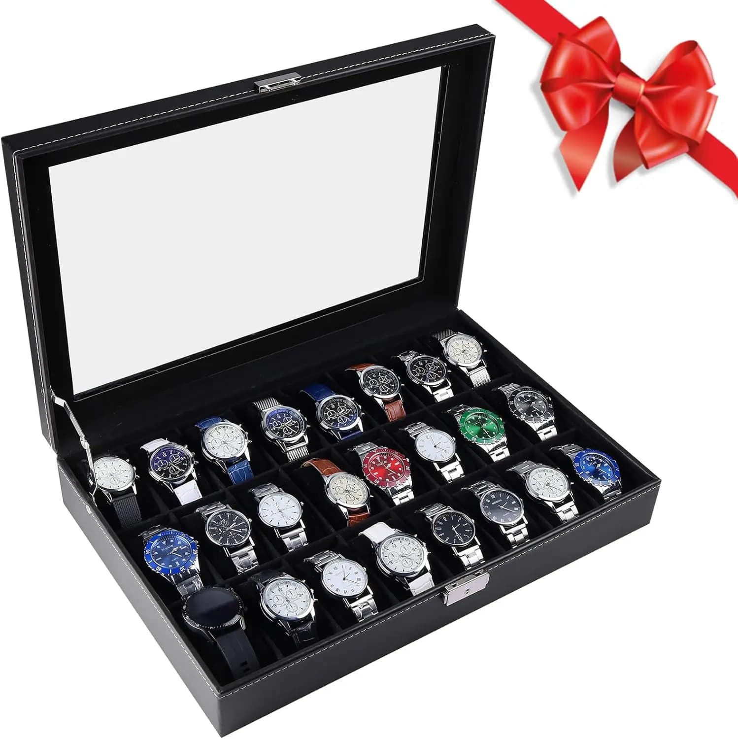 24-Hourpiece Watch Box with Glass Cover, PU Leather Organizer for Men, Removable Bearings, Closure Case