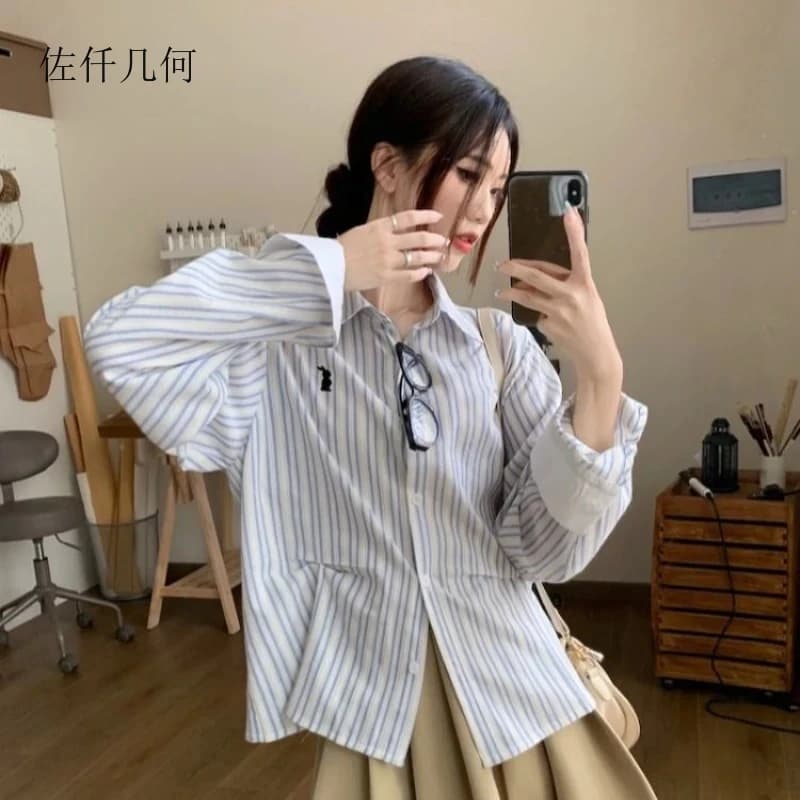 2025 Autunno Camicia a righe francesi Donna Nuovo design Camicetta allentata Donna Casual Ufficio Top Camisas De Mujer