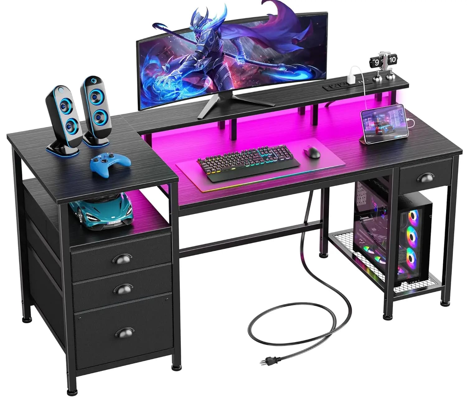 Scrivania per Computer Nera da 60 Pollici con 4 Cassetti, Ripiano per Stampante, LED e USB, Personalizzabile per Casa, Ufficio e Gaming