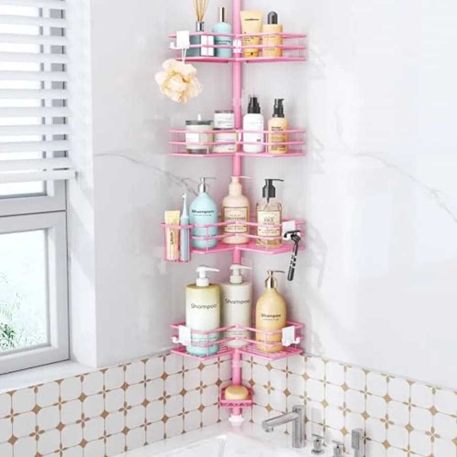Organizzatore Angolare per Doccia - Mensola Angolare per Doccia con Porta Sapone, Porta Spazzolino e 4 Ganci, Ripiano da Bagno Antiruggine