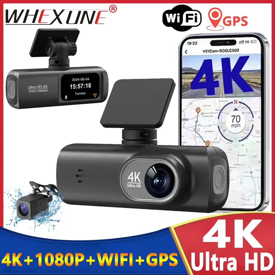 Dash Cam UHD 4K WiFi to Double Lenten, DVR Guide Recorder for Cars with Camera Option Rear 1080P, GPS, Monitoring Parking 24H, Black Box