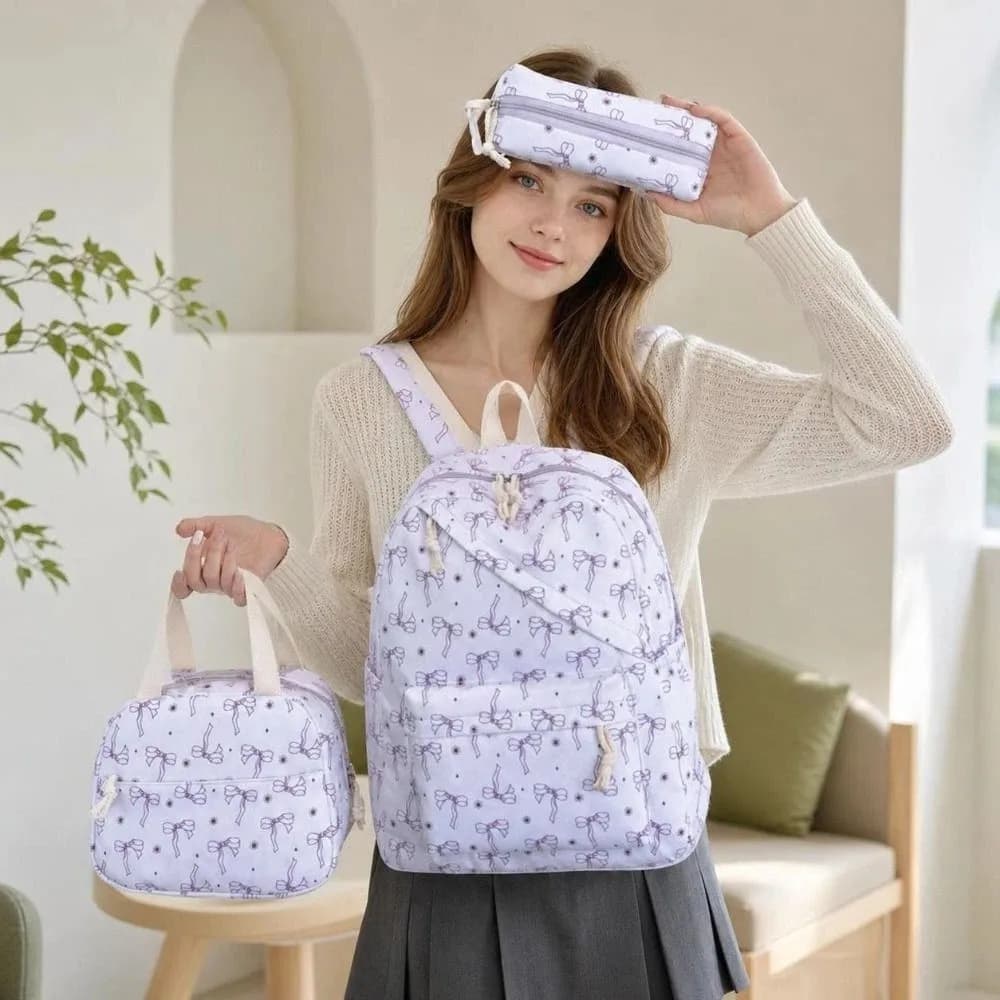 3PCS Bow Print Backpack,lunch Bag,Pencil Case Set Spacious Lightweight Schoolbag Set Sweet Portable Student Rucksack Set Campus