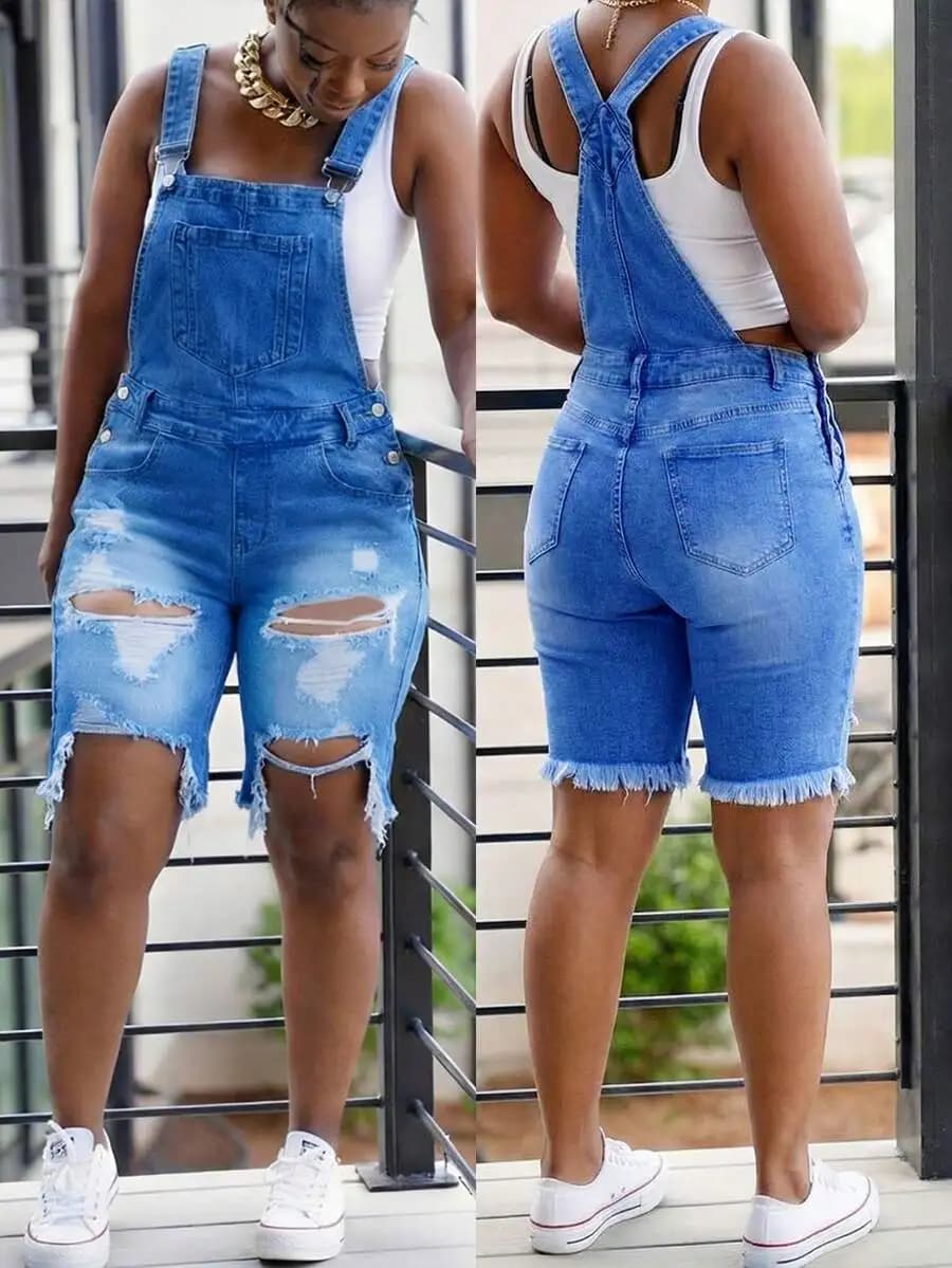 Distressed Denim Overalls Shorts With Adjustable Straps And Oversized Pockets For Women
