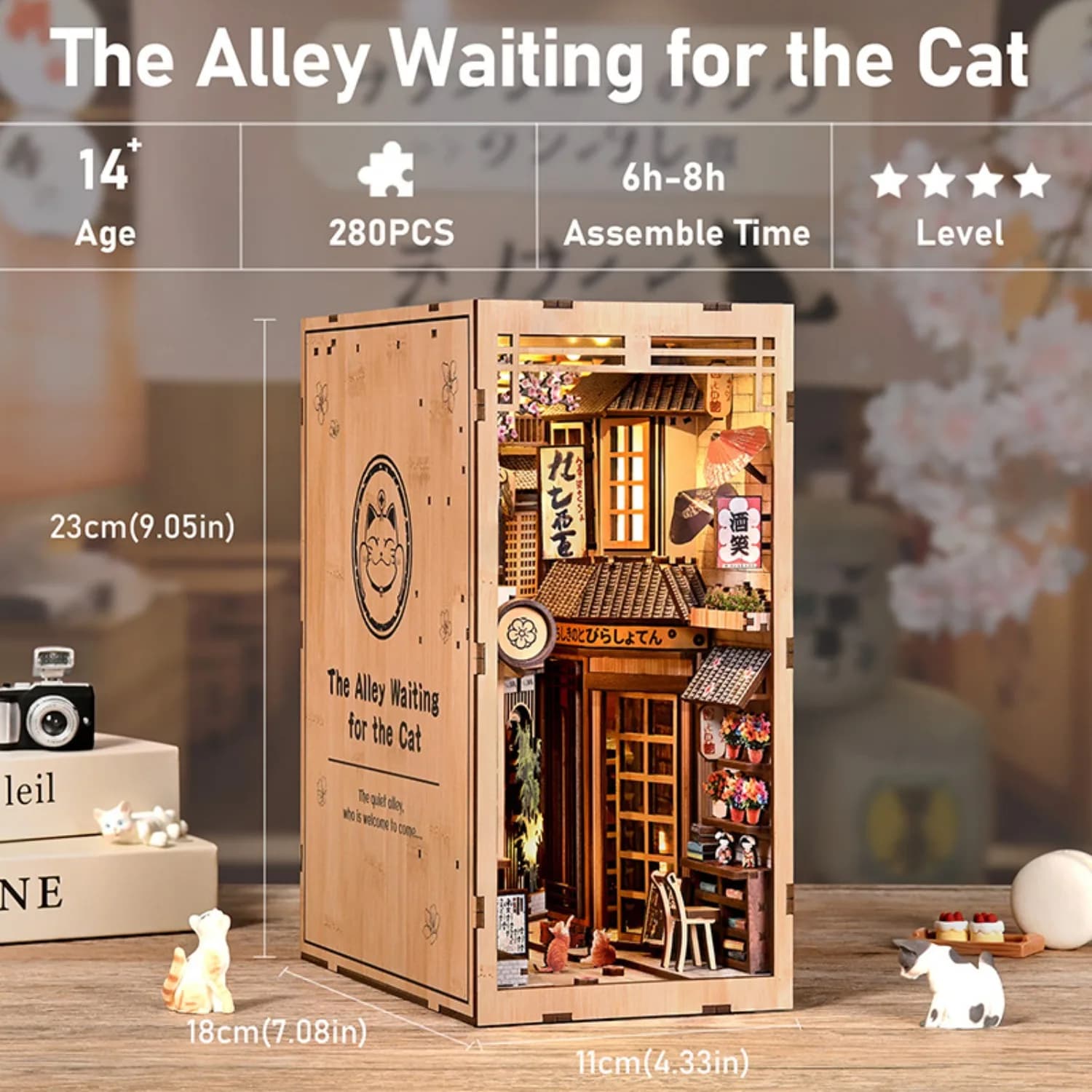 Modellino in legno fai-da-te a tema gatto per albero da cortile, decorazione da tavolo creativa 3D da assemblare, regalo
