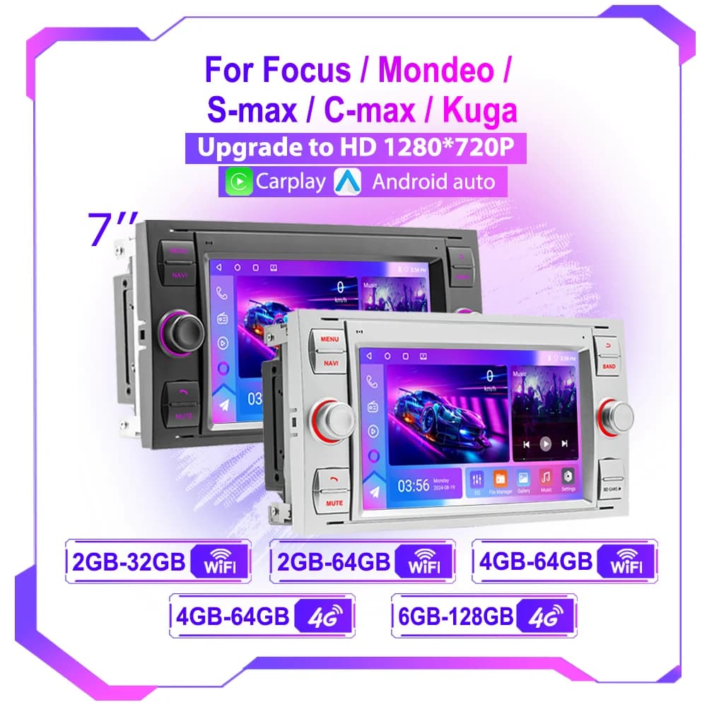Autoradio Android 2Din per Ford Focus 2007 Mondeo S-max C MAX Kuga Galaxy Fiesta Transit Fusion Connect Multimedia Carplay GPS
